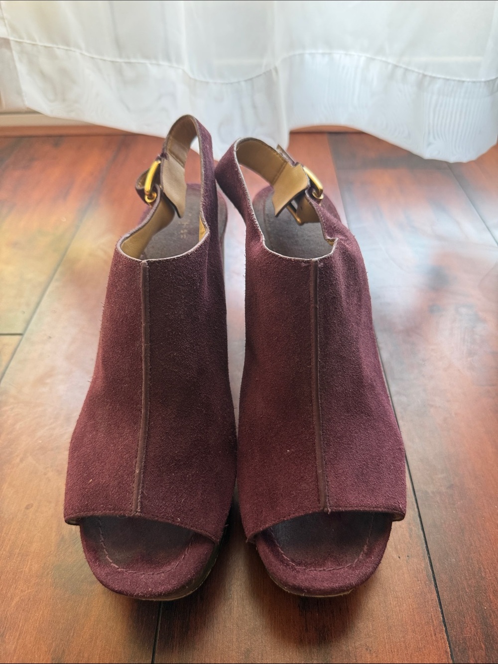 MICHAEL Michael Kors Burgundy Suede Peep-Toe Wedge Slingbacks